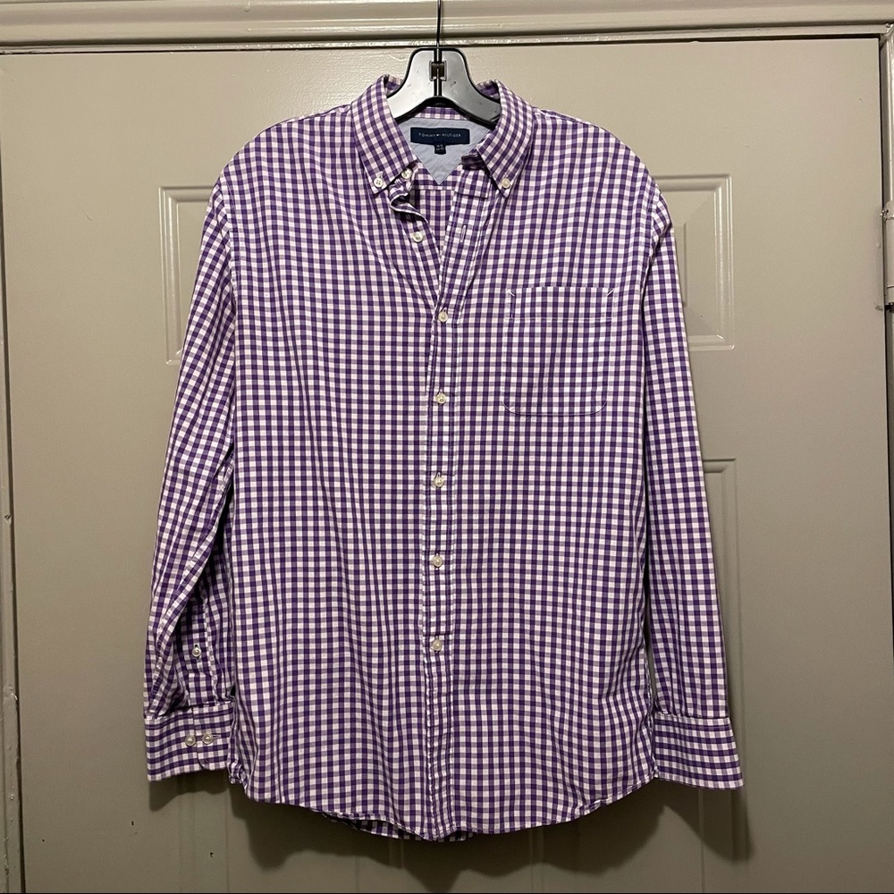 Tommy Hilfiger Purple and White Checked Dress Shirt Size 15 1/2 33-32